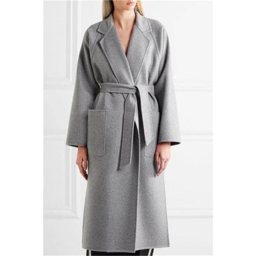 Loose Fit Gray Belt Pocket Warm Woolen Coat Parkas New Lapel Long Sleeve Women Fashion Windbreaker 2021 Autumn Winter Outerwear