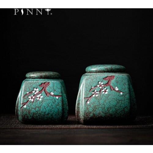 PINNY Turquoise Glaze Embossed Plum Blossom Tea Jars Ceramic Storage Containers Chinese Kung Fu Tea Accessories