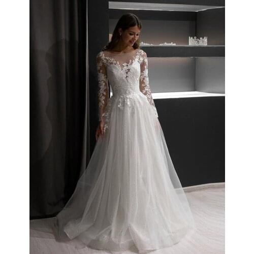 Ruby Bridal Princess Bling Wedding Dress Long A-line Tulle Lace Bridal Gown Long Sleeves