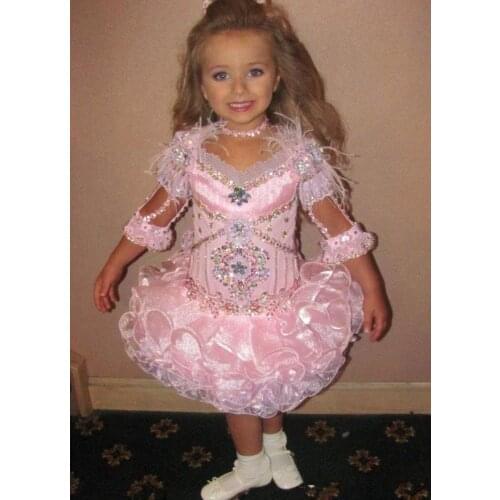 Pink Glitz girls Pageant Dresses 2021 Infant Toddler 3/4 Sleeve Beads Crystal Rhinestone Ruffles Cupcake Flower Girls Dress