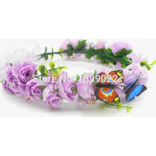 Fairy Rose Flowers Halo Greenery Hair Pieces Jewelry Lilac Purple Wedding Flower Girl Accessories Butterfly Wedding Head Band