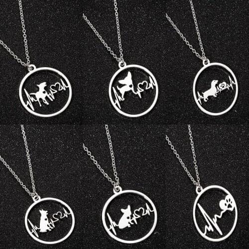 Punk Stainless Steel Round Animal Dog Chain Necklace Simple Heart Heartbeat ECG Pendant Jewelry Valentines Day Birthday Gifts