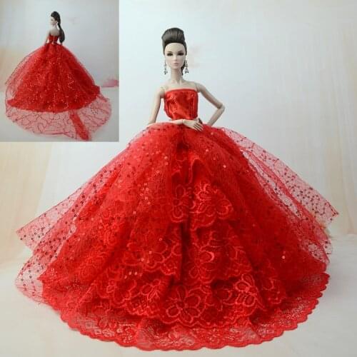 Gorgeous Hot Red Satin Lace Gown Dress / Long Trailing Wedding Party Outfit Clothing For 1/6 Barbie Xinyi Kurhn FR Doll