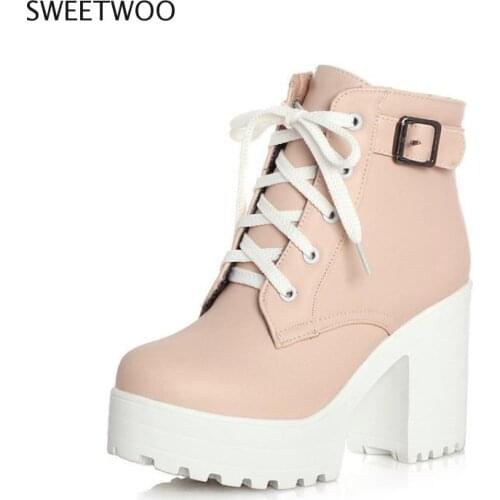 Vintage Buckle Thick Heel Short Boots Square Heel Women Platform Ankle Boots Fashion Pu Lace Up Short Boots Big Size