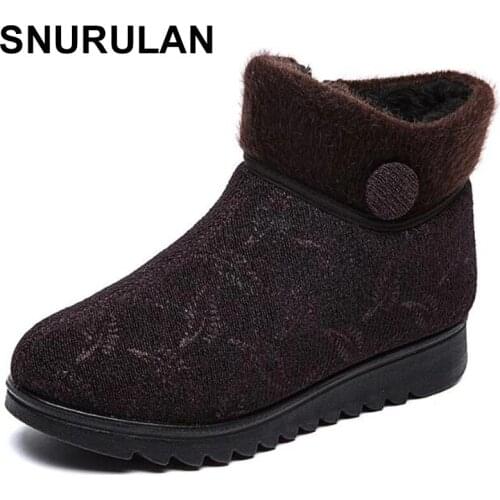 SNURULAN Women Winter Boots Keep Warm Fluff Lining Lightweight Flat Shoes Non Slip Soft Sole Pattern Ankle Furry Boots Fashion