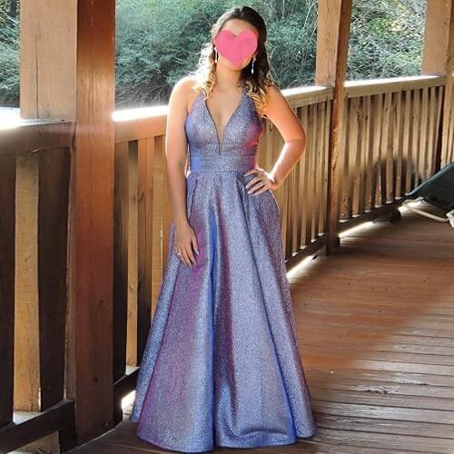 Lorie V-neck Sleeveless Shiny Glitter Prom Dresses for Women Open Back Evening Gowns with Pockets Plus Size