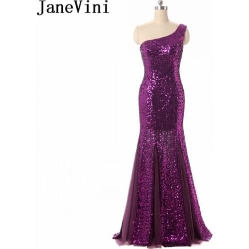 JaneVini 2018 New Purple Mermaid Bridesmaid Dresses Long One Shoulder Bling Sequins Women Wedding Party Dress Formal Prom Gowns