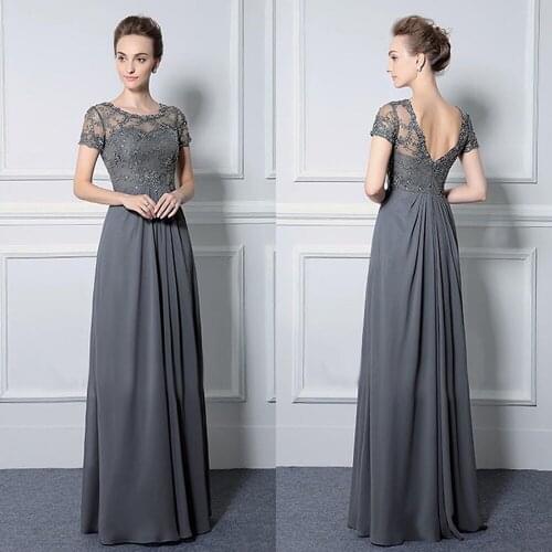 Short Sleeve Mother Of The Bride Dress Floor Length Grey Lace Applique Satin Chiffon Jewel Neck Formal Party Mother Evening Gown