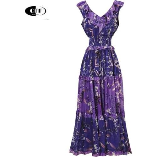 Designer Runway Party Evening Maxi Dress Summer Ruffles Sleeveless Elastic Waist Purple Floral Printed Elegant Beach Chic Robes