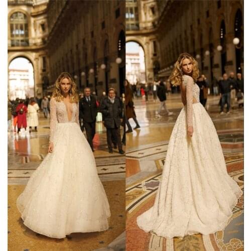 2021 Champagne Long Sleeves A-line Bohemian Wedding Dress Elegant Full Lace Deep V Neck Beach Boho Plus Size Bridal Gown