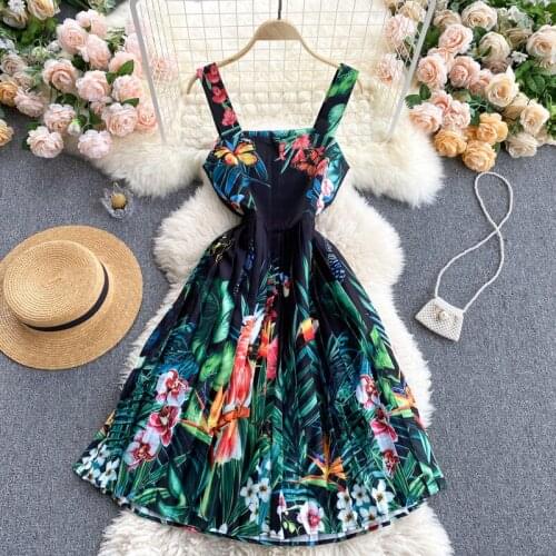 2021 Womens Summer Dress Korean Style Printed Square Neck Suspender Dress New Waisted Slim Female Big Swing Dresses HH557