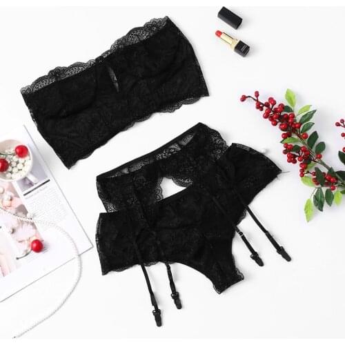 3 Pcs Ladys Lace Sexy Lingerie Set Flower Embroidery Tube Top +See-through Mesh Briefs + Garters Women Sexy Lingerie Set