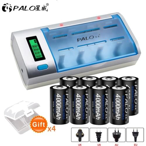 PALO 8pcs Type C Battery Rechargeable C Size Battery 1.2V Nimh 4000mah + LCD Smart Battery Charger for 1.2V AA AAA C D Battery