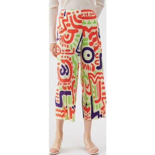 Miyake Pleated Printed Flare Pants Casual Cropped Trousers 2021 Korean Fashion Loose Plus Size Trousers Women Designer Clothes