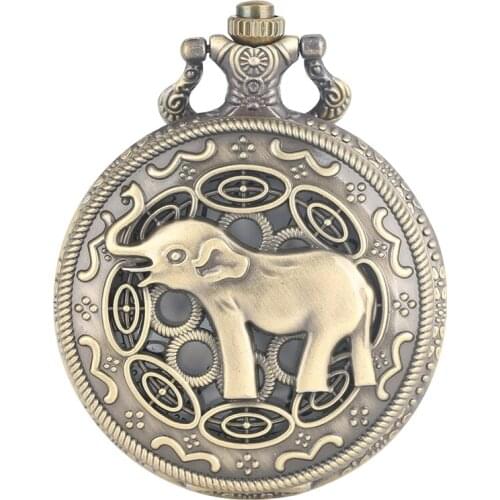 3D Cute Long Nose Elephant Figure Retro Bronze Hollow Necklace Quartz Pocket Watch Fashion Pendant Watches for Men Women Kids