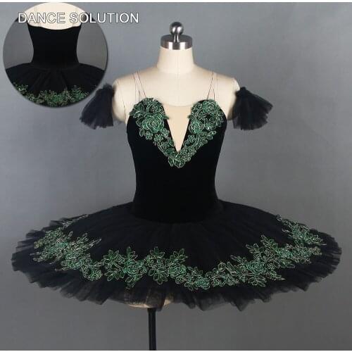 Black Velvet Camisole with Green Applique Professional Ballet Dance Tutu Girls Women Stage Show Costume Pancake Dancewear BLL110