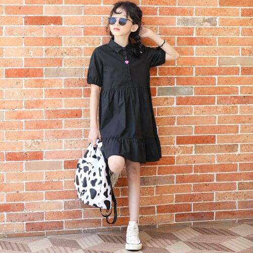 Girls Dress Cotton 2021 Kids Summer Dress Puff Sleeve Teen Clothes Shirt Buttons Children Clothes Baby,6 To 16 Years,#6218