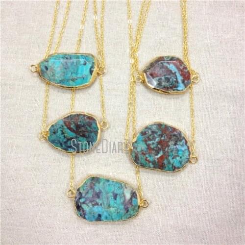 H-QN42 Water Drop Long Chain Free Form Blue Brown Ocean Jaspe r Natural Stone Pendant Necklace 24K Gold 18 inch