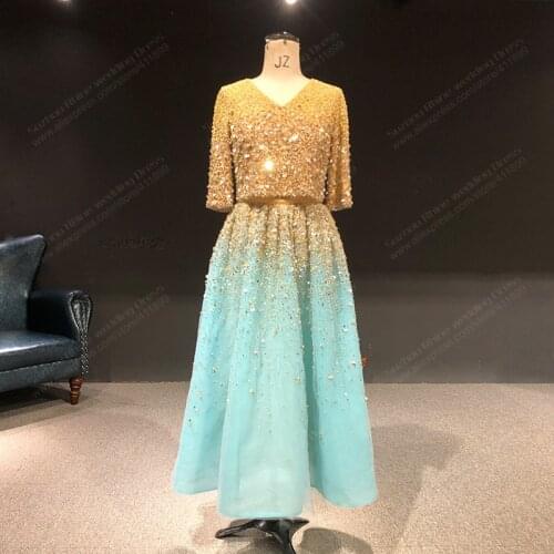 Rhine real Pictures V Neck Gold Beads Crystal Blue Two Pieces Half Sleeves Dress Of The Mother arabic evening dresses long