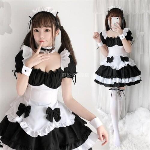 Girls Lolita Maid Dress Short Sleeve French Bowknot Kawaii Woman Waitress Maid Party Stage Costumes Mini Dresses with Headwear