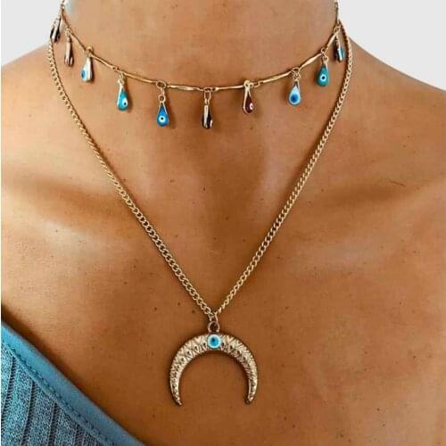 Duftgold Geometric Devils Eye Moon Pendant Necklaces Vintage Classic Fashion Choker Necklace for Women Party Jewelry Schmuck