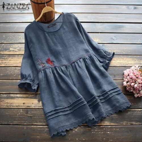 Elegant Summer Tops Womens Embroidery Blouses ZANZEA 2021 3/4 Sleeve Blusas Female Lace Pachwork Tunic Casual Oversize Chemise