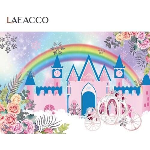 Laeacco Princess Backgrounds For Photography Rainbow Castle Carousel Flowers Birthday Party Customized Banner Photo Backdrops