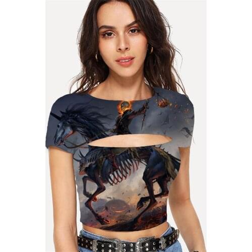 Somepet Skull T shirt Women Horse Shirt Print Halloween Tshirts Casual Flame Tshirt Printed Pumpkin Hollow Out T shirts