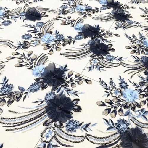 GLace 1Y/Lot Dark blue pearl diamond beads sequins embroidered lace fabricdress cheongsam embroidery fabricTX189