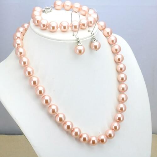 Hot !Light orange glass pearl 12mm chain necklace set necklace 18"bracelet 7.5" earring women jewelry making design wholesale