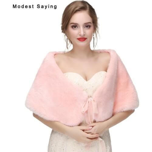 New 2017 Pink Faux Fur Wedding Boleros Shrugs Formal Bridal Shawls Women Fur Stoles Bow Warm Wraps Outerwear Wedding Accessories