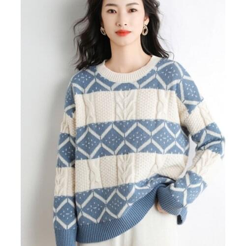 New Women Cashmere Wool Blended Sweater Thickened O-neck Collar Pullover Color Splicing Loose Knit Bottoming Autumn Winter Coat