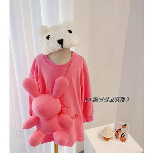 Girls Autumn Dress With Bear Bag New Pink Childrens Dresses 2.3.4.5.6 Years Cute Long Sleeve Tshirt Dress