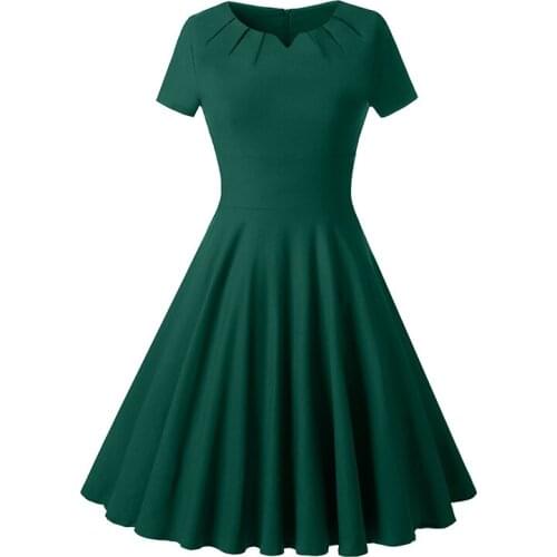 Elegant Office Women Big Swing Party Dress Solid Green Red Cotton Sundress Summer Retro Vintage Pinup 50s 60s Rockabilly Dresses