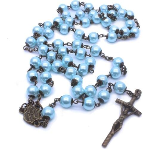 Blue Bronze Color Glass Bead Rosary Beaded Necklace Jesus Cross Pendant Necklace for Women Religious Catholic Jewelry Gifts