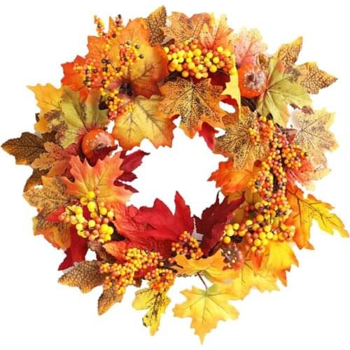 45cm Halloween Wreath Pumpkin Berry Decoration Maple Garland Rattan Artificial Fall Wreath Front Door Home Decor Thanksgiving