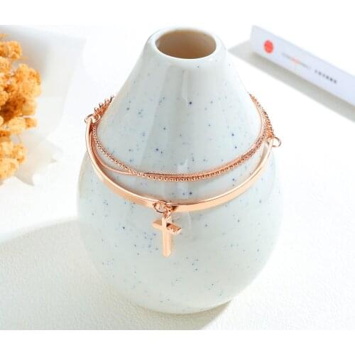 Crystal Rose Gold Double Chain Bracelet Dainty Double Layered Tassel Bracelet, Cross, Butterfly, Cube, Key, Hamsa