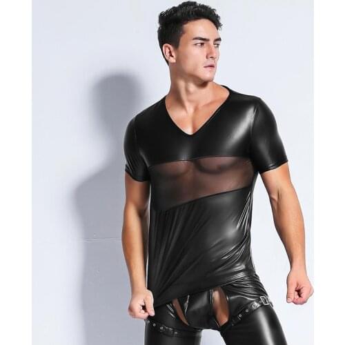 M-XXL Sexy men faux leather t shirts Male fashion Undershirts Men black Tees tight shirts Gay Funny corset lace mesh Dancewear