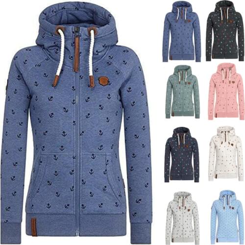 Women Hoodies Sweatshirt Autumn Long Sleeve Zipper Print Pullover Long Sleeve Oversize Warm Winter Hooded Coat Female Tops