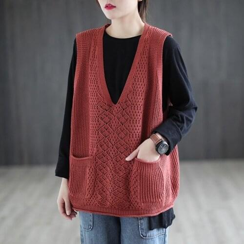 Plus Size Fashion 2021 Spring Knitwear Women Vintage Sleeveless Coats Lady Casual Loose Waistcoats Female Knitted Clothes FF3175