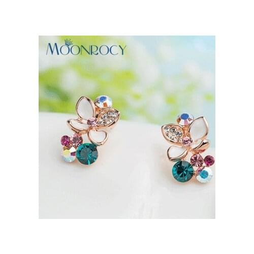 MOONROCY Drop Shipping Fashion Jewelry Cubic Zirconia Rose Gold Color Austrian Crystal Earrings clover multicolor Women Gift