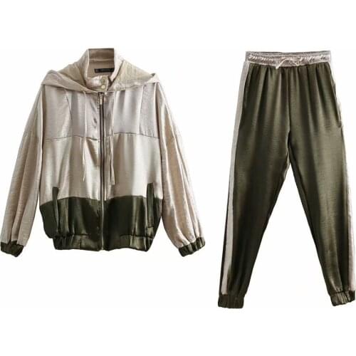 Womens suit spring and autumn new womens sports color matching jacket and pants leisure sports two-piece