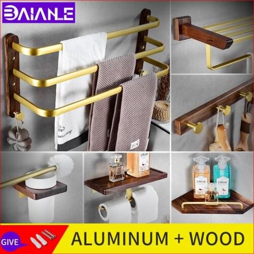 Golden walnut towel rack paper holder single lever bathroom wood corner shelf bathroom set Three towel rod toilet brush holder