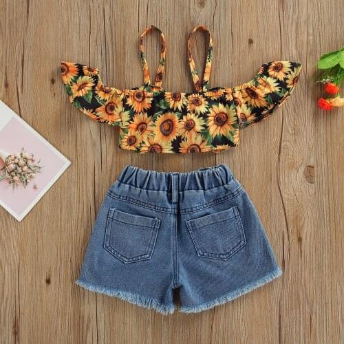 2Pcs Kids Summer Outfit, Sunflower Print Strappy Off Shoulder Short Sleeves T-Shirt + Ripped Shorts for Girls 1-7 Years