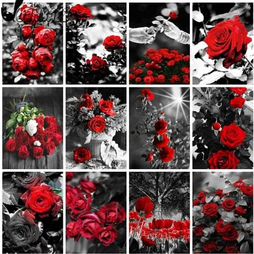 Diamond Painting Red Rose Cross Stitch Flower 5D Diy Mosaic Fashion Black Diamond Embroidery Inlaid Home Room Handmade Decor