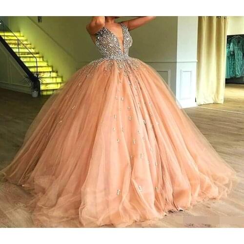 Champagne Tulle Ball Gown Quinceanera Dresses 2020 vestidos robe de bal Elegant Beaded Crystal Deep V Neck Sweet 16 Prom dress