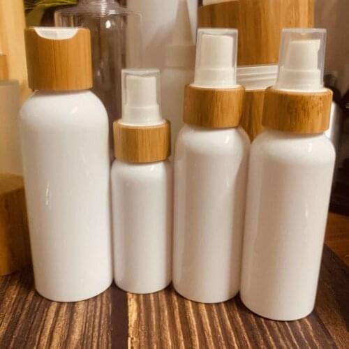 Bamboo 8oz 100ml 200ml 250ml 500ml clear white empty plastic pet shampoo lotion bottles with bamboo disc top cap bamboo pump cap