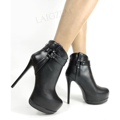 BERZIMER Platform Ankle Boots Stiletto High Heels Booties Zip Up Black Faux Leather Ladies Shoes Woman Large Size 43 45 47 52