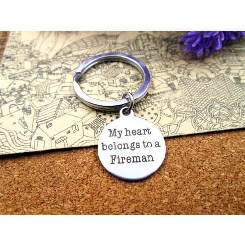 3pcs/lot 28mm stainless steel keyring with 20mm stainless steel circle "My heart belongs to a fireman" charms keyring