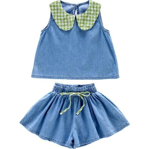 DFXD Children Clothing Sets 2020 Summer Kids Fashion Peter Pan Collar Denim Shirt Tops Short Pants Outfit 2-7Y Toddler Clothes